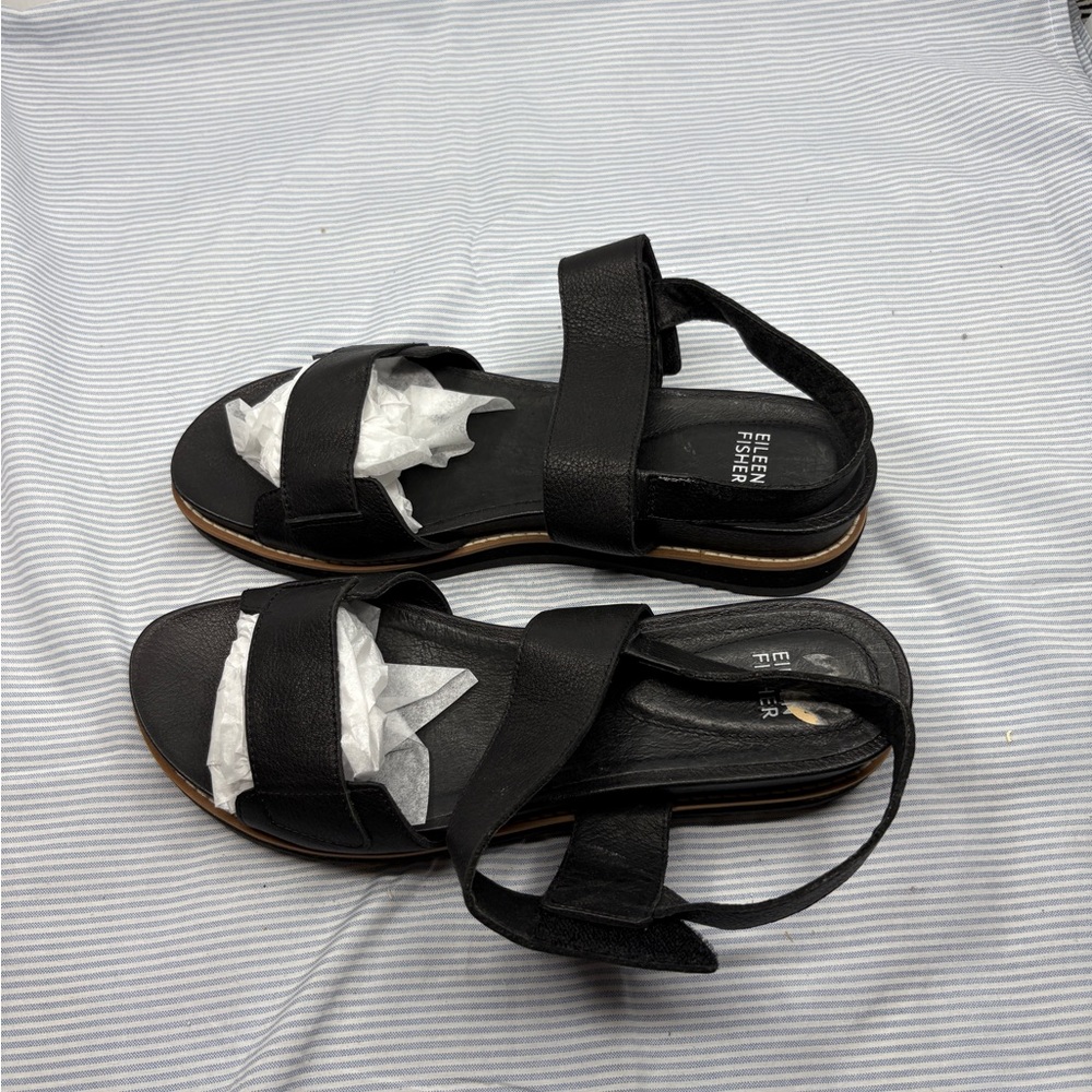 Eileen Fisher Black  Leather Sandals Size 11 Cool Design Sophisticated